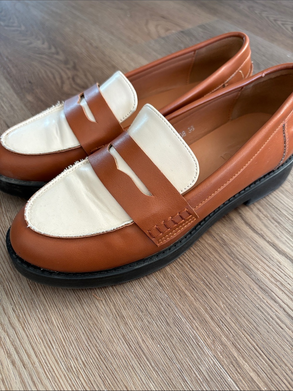 Two-Tone Tan and Cream Penny Loafers - Picture 6 of 6